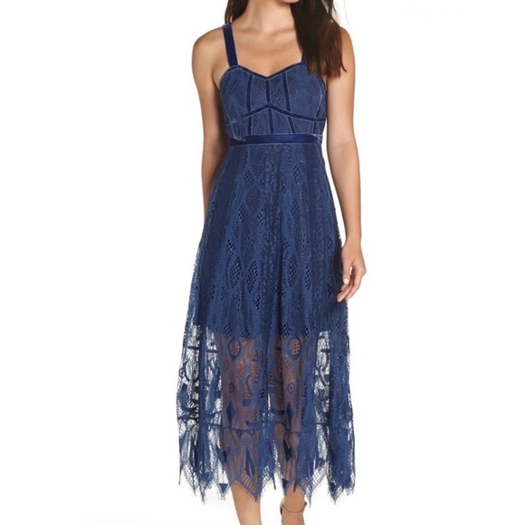 Foxiedox Blue Lace Dress Foxiedox Daley's Blue White Lace Midi Dress